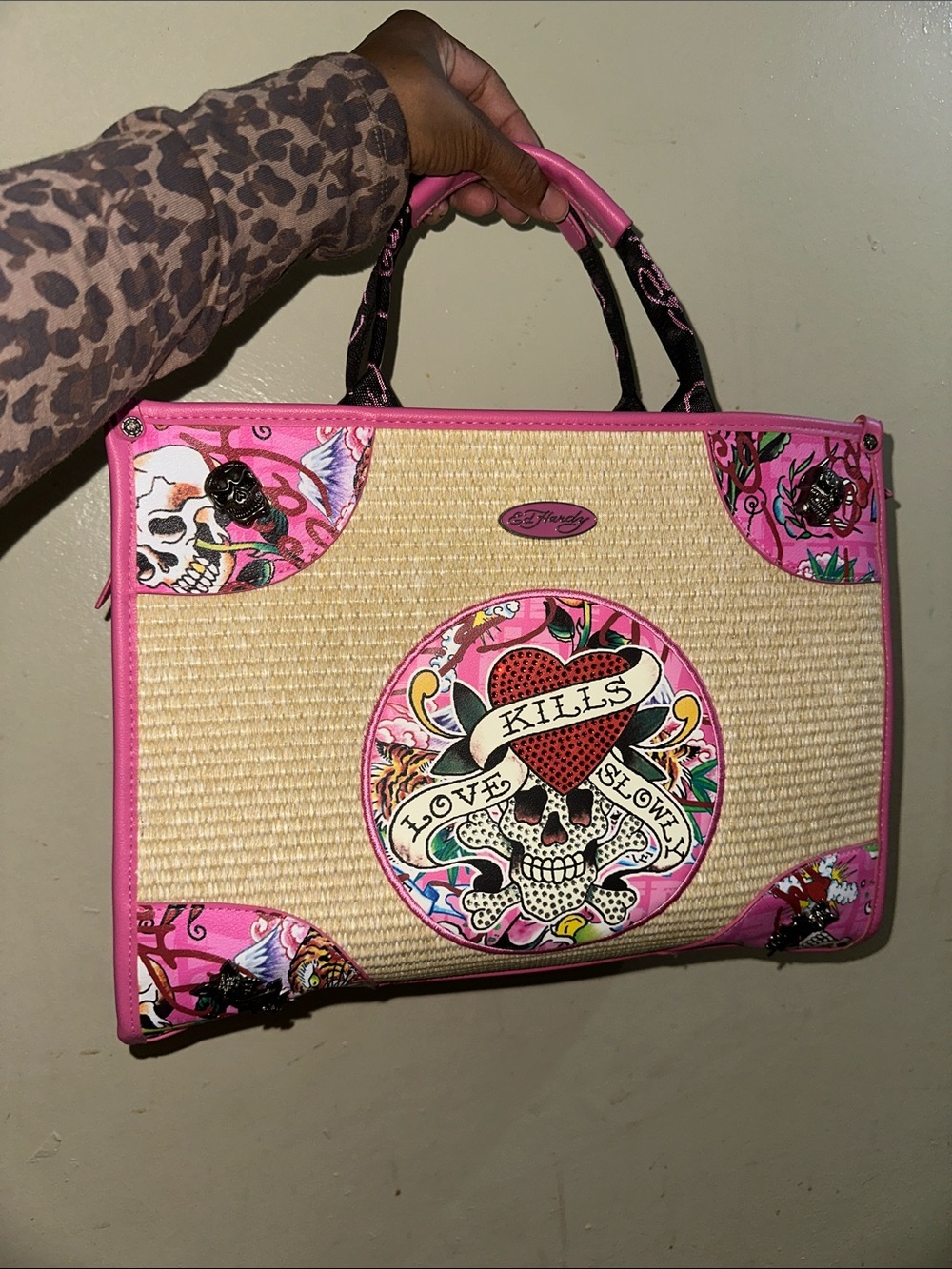 Ed Hardy Pink Straw Tote with Tattoo Skull Graphic